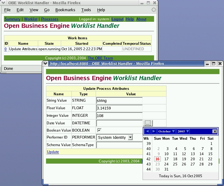 The web worklist displays a popup window containing a form listing all the process attributes to be set, with appropriate GUI widgets for displaying &amp; setting their values.